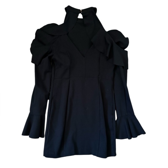 NEW FREE PEOPLE SWEET TALK LBD BLACK COLD SHOULDER RUFFLE MINI DRESS, Med - Picture 8 of 8